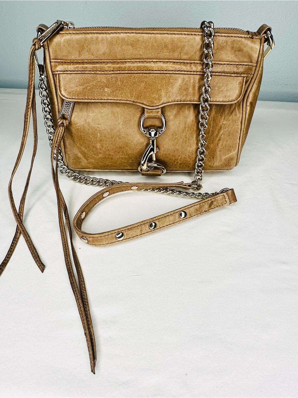 Rebecca Minkoff Distressed Tan Leather Mini M.A.C. Crossbody with Chain Strap